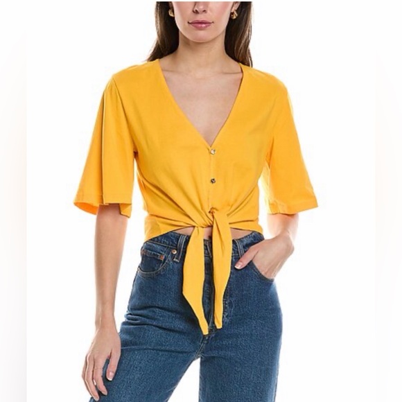 Sandro Yellow Tie-Front Short Sleeve Top V-Neck - Picture 2 of 7